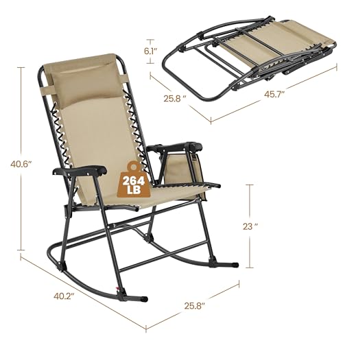 Yaheetech 26in Rocking Chair Outdoor Zero Gravity Folding Chairs Rocking Chairs Foldable Outdoor Reclining Lounge Chair for Outside Lawn with Cupholder/Pillow Ergonomic Design for Rest, Beige - color: Beige, size: 1 Pcs