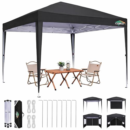 COBIZI 10x10 Pop up Canopy Tent, 10 by 10 Easy Setup Pop up Gazebo with 4 Sidewalls & Center Lock, Small Portable Instant Waterproof Outdoor Tent Canopy for Patio Backyard Vendor Event Sports (Black) - color: BLACK, size: 10x10FT with 4 sidewalls