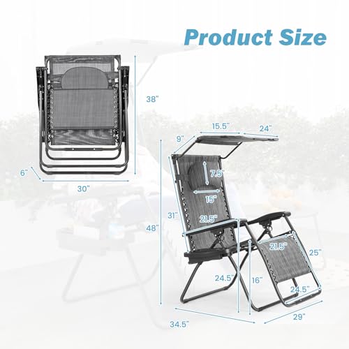 Goplus Zero Gravity Chairs, X-Large Folding Lounge Lawn Chair w/Canopy Shade & Cup Holder, Adjustable Folding Patio Recliner for Pool Porch Deck Oversize (Grey) - color: Grey Zero Gravity Chair