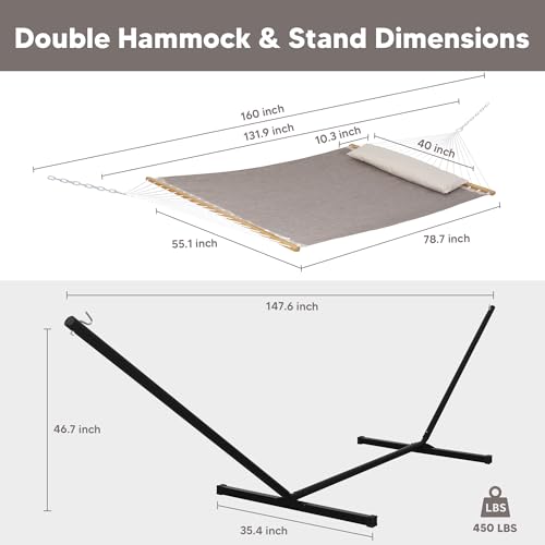 SUNCREAT Portable Hammock with Stand Included, Stand Alone Backyard Hammock for 2 Person, 450 lbs Capacity, Brown - color: Brown, size: 78.7 x 55.1 in, Hammock with 144 in Stand