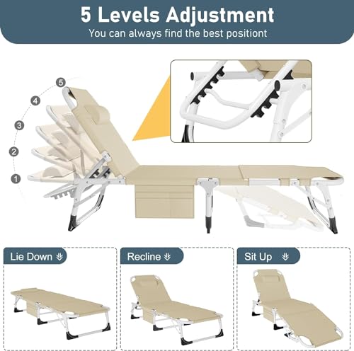 Slsy Sleeping Cots for Adults, 5-Position Folding Chaise Lounge Chairs Outdoor, Portable Folding Bed Cot Lounge Chair for Beach Lawn Camping Pool Sun Tanning - color: Antique Khaki