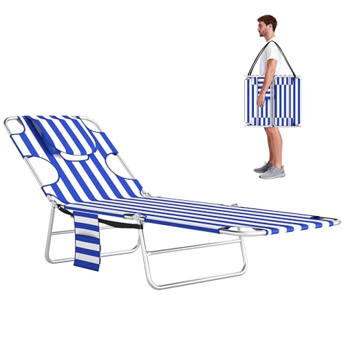 Outsunny Chaise Lounge Chair Outdoor with Face Arm Hole, 5-Position Reclining Face Down Tanning Chair with Carry Strap, Side Pocket, Portable Folding Bed Cot for Patio Beach Pool, Blue Stripe - color: Blue Stripes, size: 1 Piece