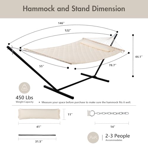 ANOW Outdoor Hammock with 12 Feet Heavy Duty Steel Stand, Two Person Hammock with Stand Included, 450 LBS Weight Capacity, Cream - color: Cream, size: 2 Person With Stand