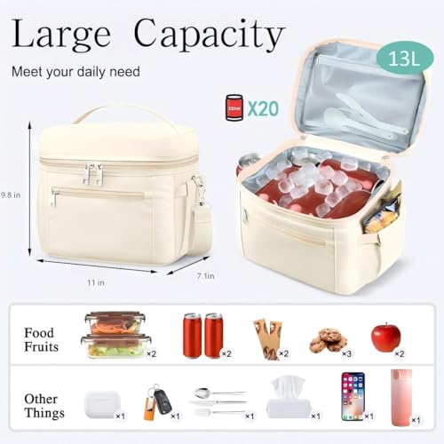 DALINDA Insulated Lunch Bag Lunch Box for Women Men,Leak-Proof Cooler Bag Lunchbox Lightweight for Work Picnic,Study,Beach,Camping,Travel - color: Beige, size: 13L Large · Slightly Larger