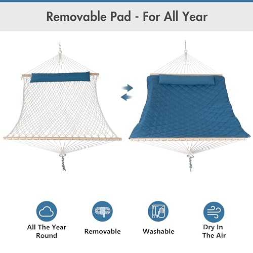 ANOW 13.5FT Curved Wood Stand with Double Rope Hammock, Heavy Duty Larch Wood Arc Stand with 2 Chains, 4 Balance Ropes and 4 Carabiners, Includes Blue Hammock with Spreader Bars - color: Blue