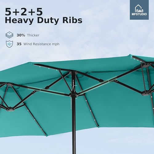 MFSTUDIO 15ft Double Sided Patio Umbrella with Solar Lights, Outdoor Large Umbrellas with Crank Handle and 36 LED Lights, Rectangular Market Umbrella with Base Included for Deck Pool Shade, Turquoise - color: Turquoise