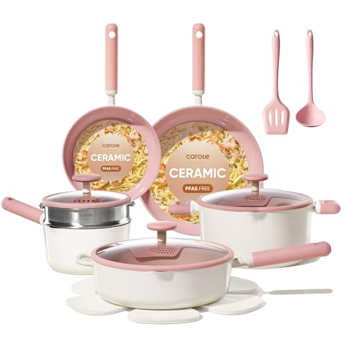CAROTE Ceramic Cookware Set Nonstick, 15pcs Pots and Pans Set Non stick, Non Toxic Cookware,Dishwasher,RV/Camping Cookware Set, Pan and Pot with Kitchen Utensils, Pink - color: Pink