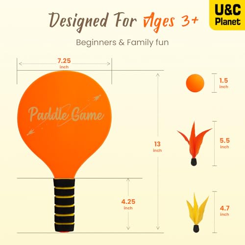 U&C Planet Beach Paddle Ball Set, Badminton Rackets, Family Game for Kids and Adults, Indoor Outdoor Game Backyard Park Camping Yard for Boys Girls Ages 3+, Beach Necessities Must Have - color: Orange (Age:3+)