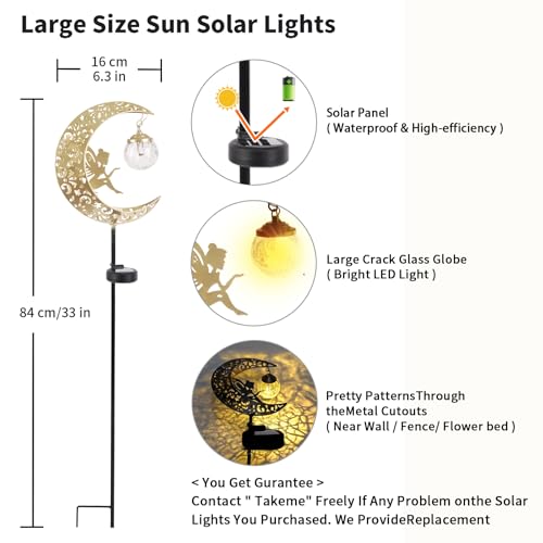 Solar Lights Outdoor Waterproof Fairy Moon Crackle Glass Lights with Metal Angel Decor for Walkway Yard Patio or Garden Gifts for Mom Grandma Friends - color: Gold Moon Fairy