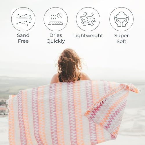 Turkish Beach Towel (35”x67”) – 100% Cotton Quick Dry, Lightweight Oversized Beach Towel for Pool & Travel – Zig Zag Orange Color - color: Fuchsia Orange Beige