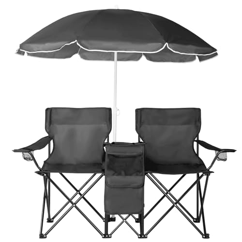 Double Folding Camping Chair W/Umbrella Fold Up Table Beverage Holder Carrying Bag Cooler for Patio Pool Park Outdoor Beach, Picnic, Portable (Black) - color: Black