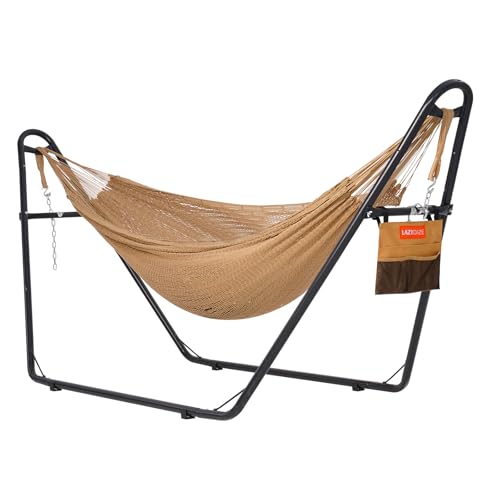 Lazy Daze Hammocks Handwoven Mayan Hammock with Heavy Duty Steel Stand, 10.5 FT Soft Rope Double Hammock for Patio Outside, 550 lbs Weight Capacity, Tan - color: Tan