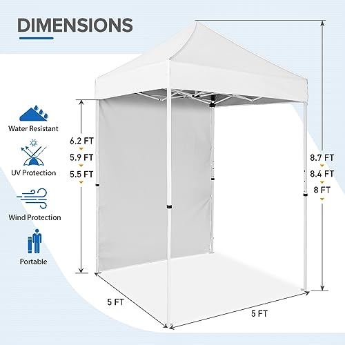 EAGLE PEAK Pop up Canopy 5x5, Outdoor Portable Canopy Tent with One Removable Sunwall, Carry Bag Included, White - color: White
