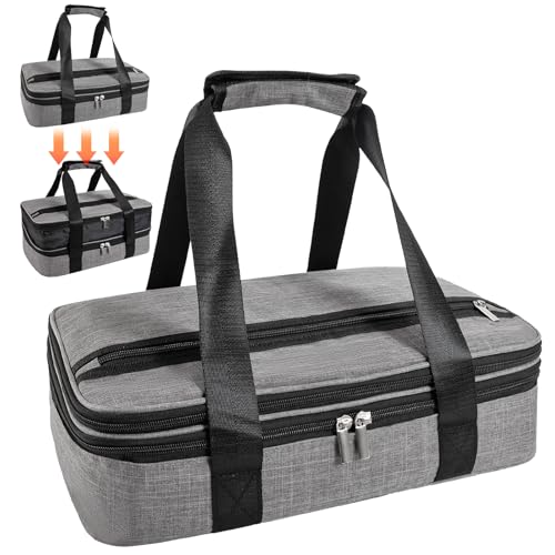 Insulated Casserole Carriers for Hot or Cold Food,Double Decker Casserole Dish Bag Carrying Case,Expandable Food Carrier Warmer Container Bag For Travel Picnic Cookouts.Fits 9"x13" Baking Dish - color: Gray