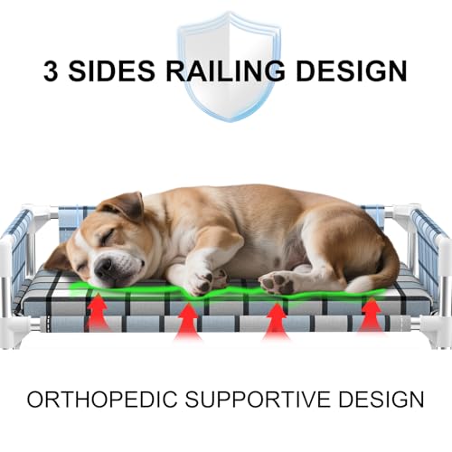 Elevated Raised Outdoor Dog Bed - Cooling Washable Dog Cot with Guardrail, Durable & Breathable Cotton Mesh Pet Hammock Beds with Stainless Steel Pipe Frame for Small Pets (Cushion-(M-)) - size: Cushion-(M-)