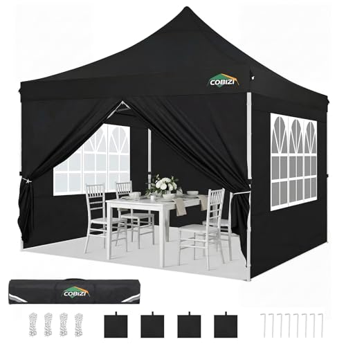 COBIZI 10x10 Pop Up Canopy with 4 Sidewalls, Canopy Tent 10x10 for Parties, Backyard, Commercial, Waterproof and Portable Instant Shelter UV50+ Outdoor Gazebo with 4 Sandbags(Pure Black) - color: Pure Black, size: 10x10FT