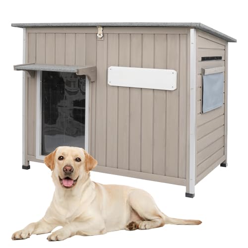 Gowoodhut Dog House Outdoor Weatherproof & Wooden Dog Kennel with Chew-Proof Iron Frame，Removable Floor, Adjustable Vent Window, Easy Assembly for Medium Dogs (43.3" L x 29.5" W x 33.5" H) - size: 43" L X 30" W X 33" H