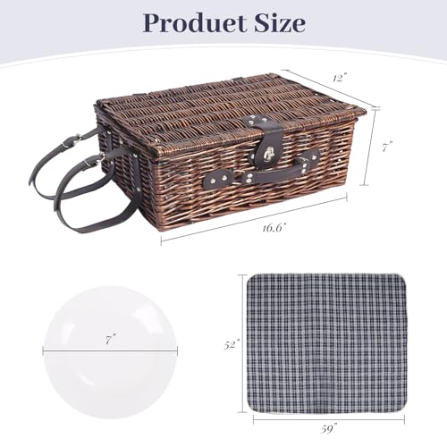 Neti Neti Wicker Picnic Basket for 4 with Insulated Cooler & Waterproof Blanket – Large Willow Picnic Hamper for Outdoor, Camping, Beach, Romantic Dates, Valentine’s Day - color: Black & White Checkerboard
