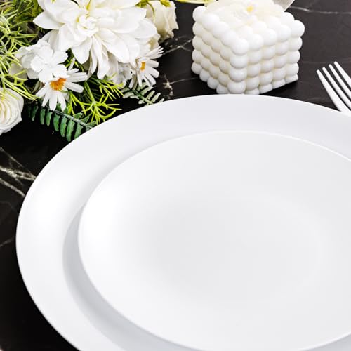 EI 150pcs White Plastic Plates Disposable,White Plate for Party,Disposable Frosted Plate with White Plastic Silverware,Heavy Duty Dinnerware set serves for 30,Perfect for Birthday Wedding Tea Party. - color: White Frosted Plastic Plates