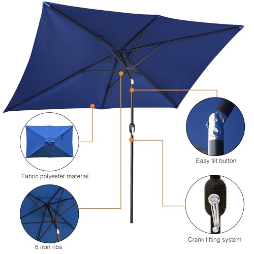 Blissun Rectangular Patio Umbrella, Table Market Umbrella with Tilt and Crank, Outdoor Umbrella for Garden, Deck, Backyard, Pool and Beach - color: Navy Blue, size: 6.5 x 10 FT