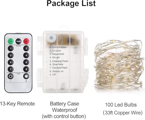 33Ft String Lights Battery Operated with Remote Control Timer, 100LED 4 Pack Waterproof 8 Modes Copper Wire Twinkle Fairy Lights for Bedroom Indoor Outdoor Wedding Dorm Christmas Decorations - style: 33ft, White
