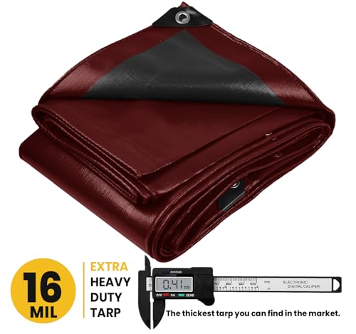 Extra Heavy Duty 16 Mil Tarp Cover, Waterproof, UV Resistant, Rip and Tear Proof, Poly Tarpaulin with Reinforced Edges for Roof, Camping, Patio, Pool, Boat. (Maroon/Black 6′ X 8′) - color: Maroon/Black-16 Mil, size: 6′ X 8′