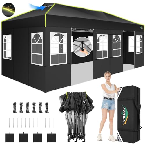 COBIZI 10x20 Pop Up Canopy Tent, Outdoor Party Tent with 6 Sidewall One Push Setup Glow, 3 Adjustable Height Air Vent Waterproof UPF50+, Bag, 4 Sandbag, 6 Stake, 12 Rope for Beach, Commercial - color: Black, size: 10x20