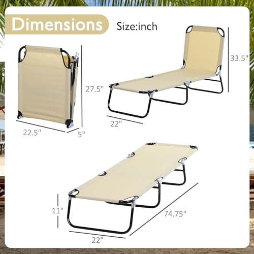 Majnesvon Foldable Outdoor Chaise Lounge Chair, 5-Level Reclining Camping Tanning Chair with Strong Oxford Fabric for Beach, Yard, Patio, Pool(Beige) - color: Beige