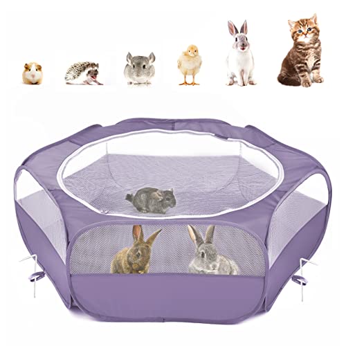 Pawaboo Small Animals Playpen, Waterproof Small Pet Cage Tent with Zippered Cover, Portable Outdoor Yard Fence with 3 Metal Rod for Chick/Kitten/Puppy/Guinea Pig/Rabbits/Hamster/Chinchillas, Purple - color: E-Purple