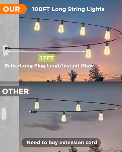 VOLIVO 100FT Outdoor String Lights for Patio, Waterproof Hanging Lights with 35+1 Shatterproof ST38 Edison Bulbs, Dimmable & Connectable Outside String Light for Backyard, Deck, Porch, Balcony - size: 100FT(35 Bulbs)