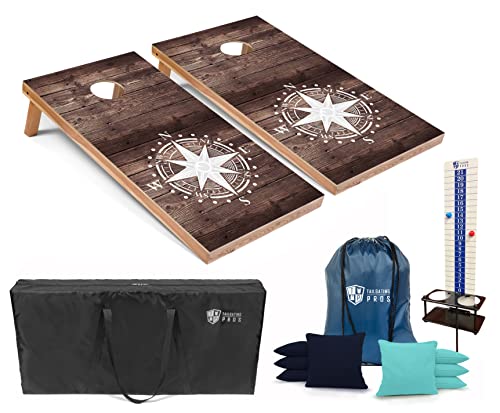 Tailgating Pros Cornhole Boards - 4'x2' Regulation Boards w/Carrying Case, Score Keeper, & Set of 8 Corn Filled Bags w/Tote - size: 4'x2' Boards w/ LED Ring Lights, style: Nautical
