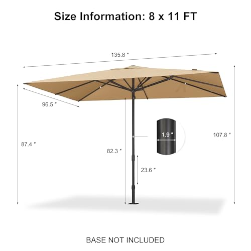 PURPLE LEAF 11' x 8' Rectangular Semi-Auto Outdoor Patio Umbrella Aluminium Market Umbrella Table Sun Umbrella with 1.89" Rod and 8 Sturdy Ribs for Deck Lawn Pool Garden, Beige - color: Beige, size: 8' x 11'