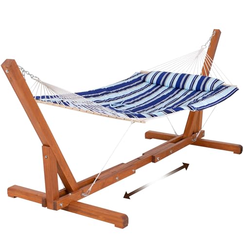 SUNCREAT Cotton Rope Hammock for Two People with Hardwood Spreader Bars, Quilted Fabric Pad & Detachable Pillow, Extra Large Hammock with Wooden Stand, Blue Stripe - color: Pad-blue Stripes