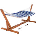 SUNCREAT Cotton Rope Hammock for Two People with Hardwood Spreader Bars, Quilted Fabric Pad & Detachable Pillow, Extra Large Hammock with Wooden Stand, Blue Stripe - color: Pad-blue Stripes