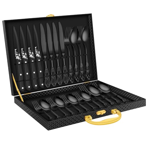 Black Silverware set with Steak Knives, Ollex 24PCS Retro Royal Flatware Set for 4 with Box, Food-Grade Stainless Steel Utensil Sets Includes Spoons Forks and Knives, Mirror Finish Dishwasher Safe - color: Black