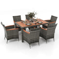HAPPYGRILL 7 Piece Patio Rattan Dining Set Outdoor Wicker Chair & Table Set, Acacia Wood Tabletop & Armrests, Seat Cushions Included, Space-Saving Dining Set for Poolside Backyard Garden - color: Mix Grey & Beige