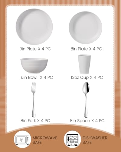24 Pcs Dinnerware Set- Dinner Plates Set- Picnic & Camping- Unbreakable & Reusable- Includes 4x 9in, 4x 8in Plates, 4x 6in Bowls, 4 Cups, 4 Stainless Steel Forks and Spoons- Kitchen, Dorm, Office - color: White, size: 24PCS