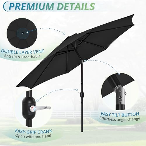 LUE BONA 10FT Patio Umbrella, Waterproof Outdoor Market Umbrella with Easy Crank & Tilt, Patio Table Umbrella for Deck Garden Backyard Pool, Black - color: Black
