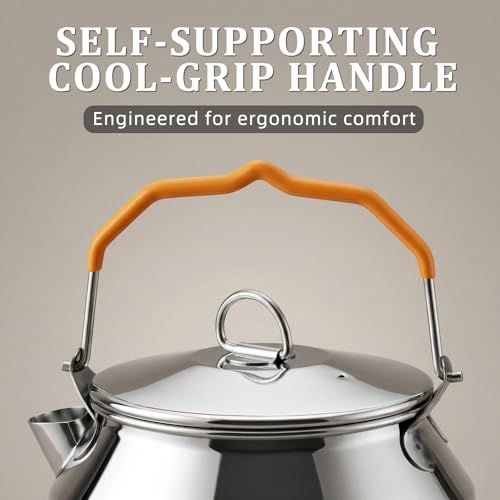 Camping Kettle, Portable Stainless Steel 1.4L Food Grade Water Kettle, Large Opening with Heat-Resistant Handle, Suitable for Gas, Induction Cooktop, Open Flame, Electric Stove, Silver