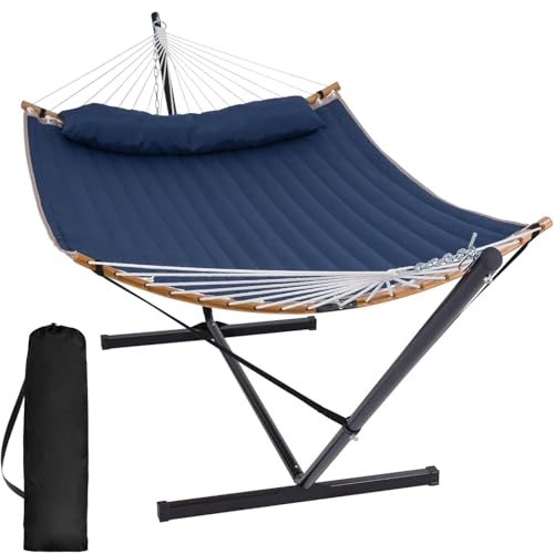 SUNCREAT Portable Outdoor Hammock with Stand, Heavy Duty Hammock with Carrying Bag, Soft Pillow, Balance Ropes, Dark Blue - color: Dark Blue