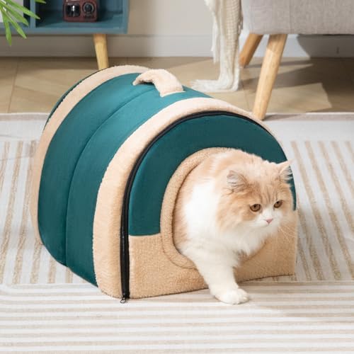 Hollypet Cat Bed Self-Warming 2 in 1 Foldable Kitty Cave Hut House Nest Pet Sleeping Bed, Crystal Velvet Pet Condo for Indoor Cats, Green Arched Cave - color: Green Arched Cave