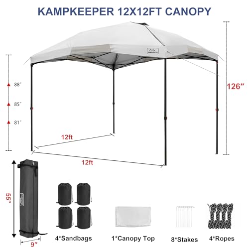KAMPKEEPER 12x12 Pop Up Canopy Tent,Heavy Duty Outdoor Sun Shade for Events,Camping,Parties - Polygonal Patio Gazebo with Wheeled Bag,4 sandbags (White, 12x12FT) - color: White, size: 12x12FT