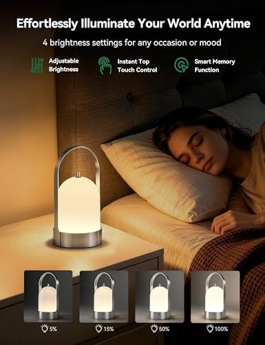 Tubicen Portable LED Outdoor Table Lamp Waterproof, 4000mAh Battery Operated Cordless Table Lamp Rechargeable, 4-Way Touch Dimmable Portable Patio Outdoor Table Lanterns for Patio Dinner Camping - color: Nickel/Waterproof