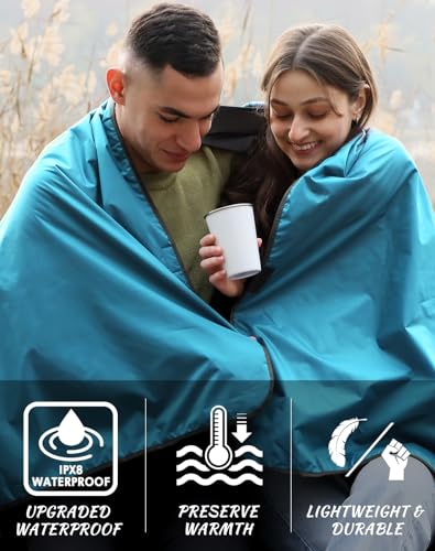 Outdoor Waterproof Camping Blanket - Hooded Fleece Windproof Blanket for Stadium, Sporting Events, Concert, Picnic, Car, Boat - Packable Camp Blanket for Cold Weather, Camping Gear Must Haves… - color: Sky Blue