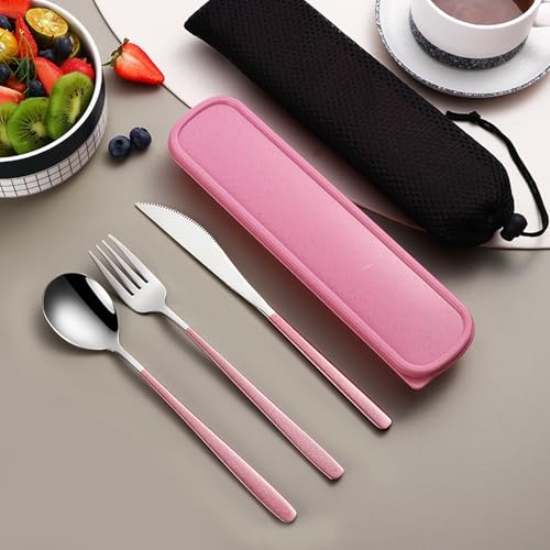 VANRA 3-Piece Portable Travel Utensils Set with Case 18/8 Stainless Steel Flatware Set Reusable Cutlery Set with Fork Spoon Knife for Lunch Travel Camping School Work Picnic (Pink) - color: Pink, size: Fork Spoon Knife