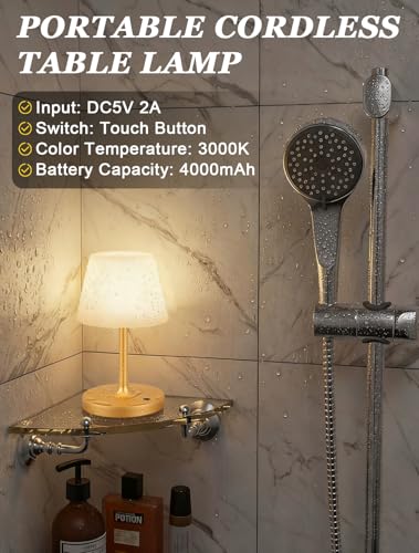 Kakanuo Gold Cordless Shower Lamp Waterproof, Rechargeable Cordless Lamp with 4000mAh Battery, Touch Dimmable Table Lamp for Outdoor, Kitchen, Bathroom, Camping, Patio, IP54 - color: Gold