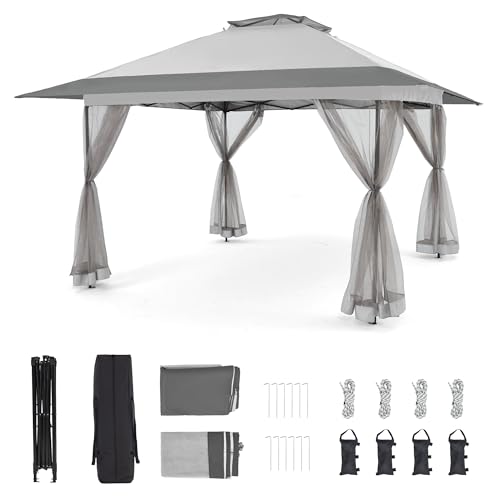 Bezseller 13x13 Pop Up Gazebo with Mosquito Netting – Easy 1-Person Setup, Water-Resistant Backyard Canopy for Family Patio & Garden Use,Light Grey - color: Light Grey, size: 13"x13"