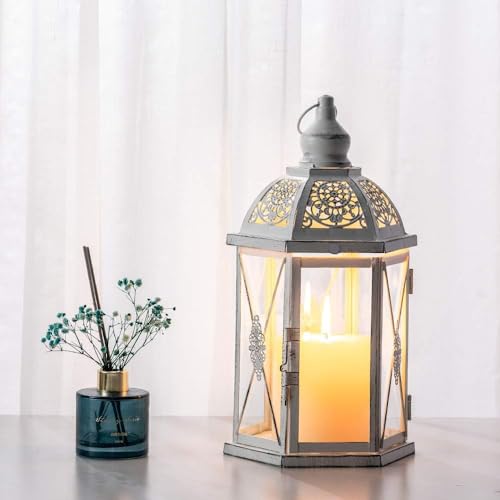 Lantern Decorative Indoor & Outdoor, 14.5'' Candle Lantern Farmhouse Home Decor, Hexagon Vintage Hanging Metal Candle Holder for Front Porch Shelf Patio Wedding Party, Christmas Decorations - color: White / 14.5''h