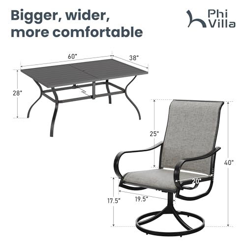 PHI VILLA 7 PCS Patio Dining Set, Rectangle Metal Table with 1.57" Umbrella Hole and 6 High Back Textilene Swivel Chairs, Suitable for All Weather - color: Brown Fabric, size: 60"L x 38"W x 28"H-7 Piece-Metal