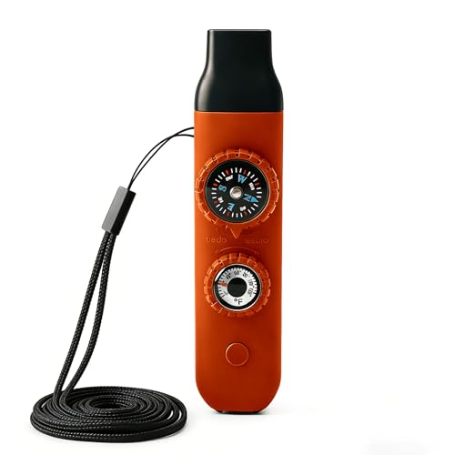 Multifunctional Survival Emergency Whistle for Kids with Compass Hiking Survival, Thermometer & Neck Lanyard | Emergency Safety Gear for Hiking, Camping, Kayaking, Boating, Climbing - color: orange red